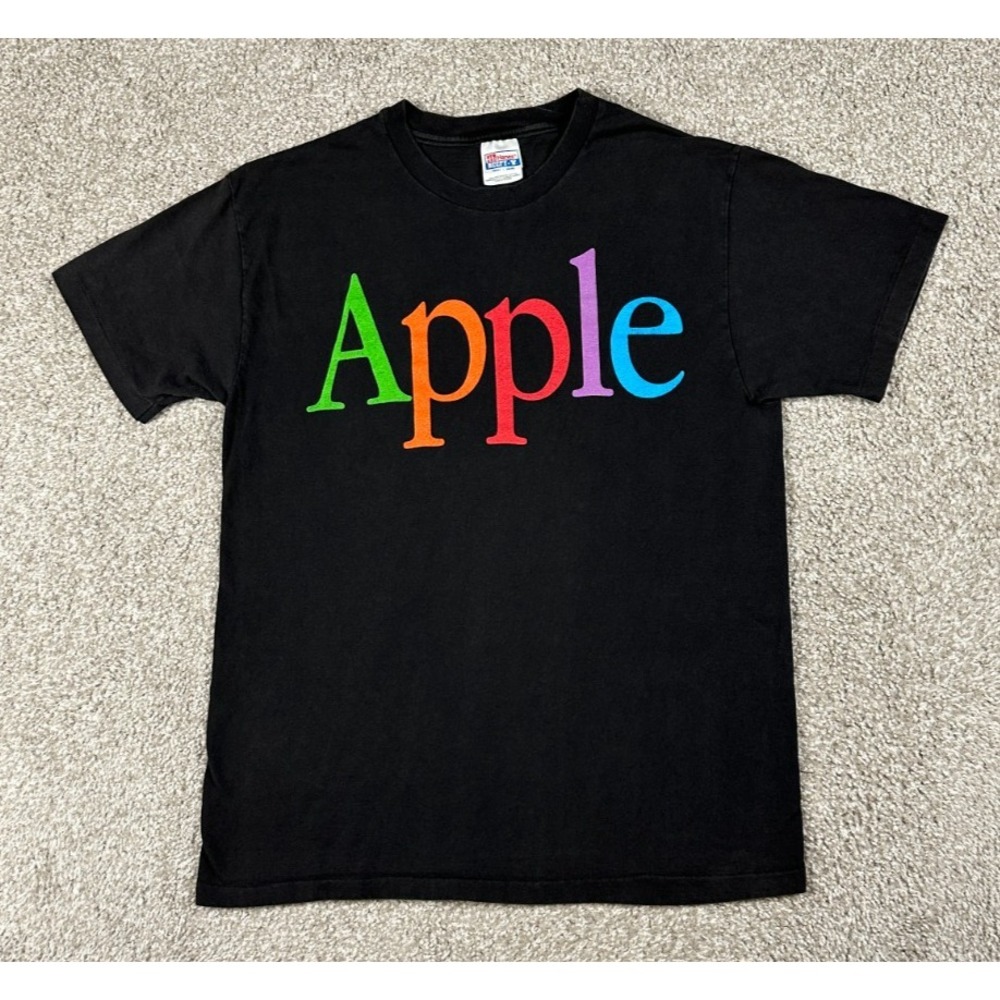 Vintage Apple Shirt Mens Large Black‎ Rainbow Spellout Macintosh Employee 90s